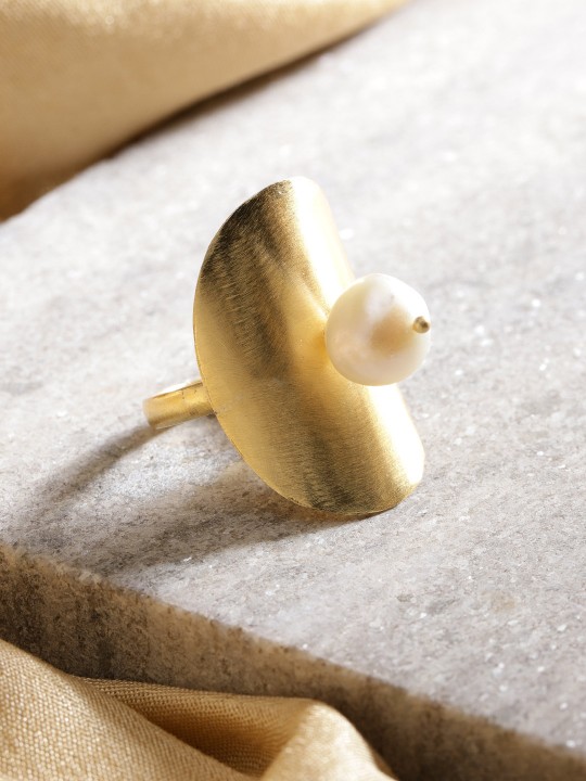 White Gold-Plated Beaded Handcrafted Adjustable Finger Ring
