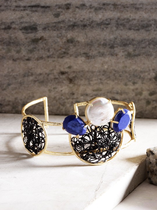 Blue & Black Gold-Plated Handcrafted Cuff Bracelet