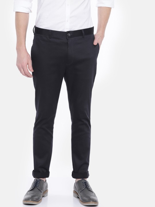 Men Navy Blue Regular Fit Solid Regular Trousers 30