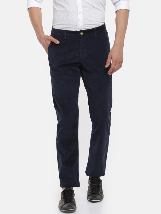 Men Navy Blue Slim Fit Solid Corduroy Regular Trousers 30