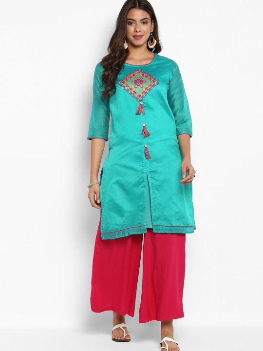 Women Sea Green Solid Straight Kurta XS