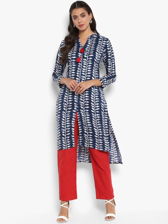 Women Blue Printed Straight High Low Kurta XS