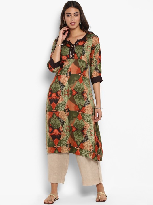 Women Green & Orange Printed A-Line Kurta XXL