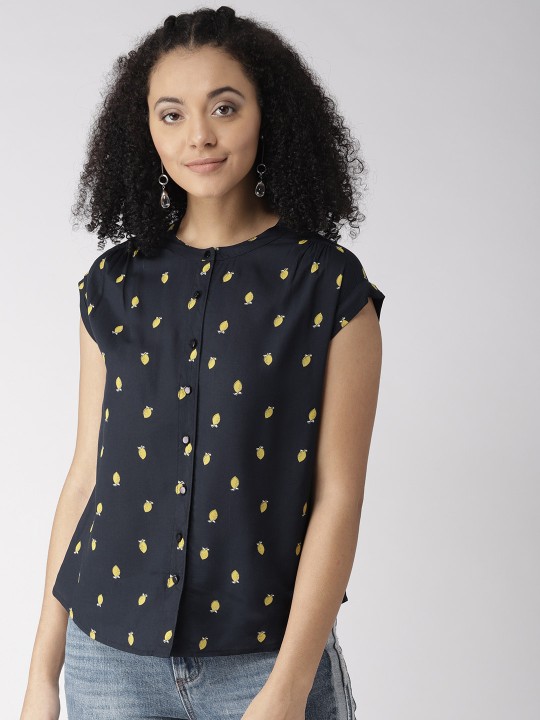Women Navy & Yellow Printed Collarless Casual Shirt S