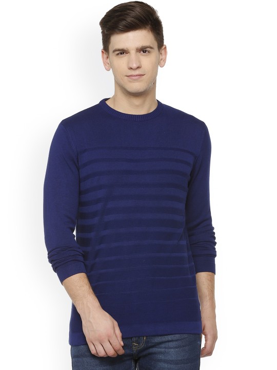 Men Navy Blue Striped Sweater XS