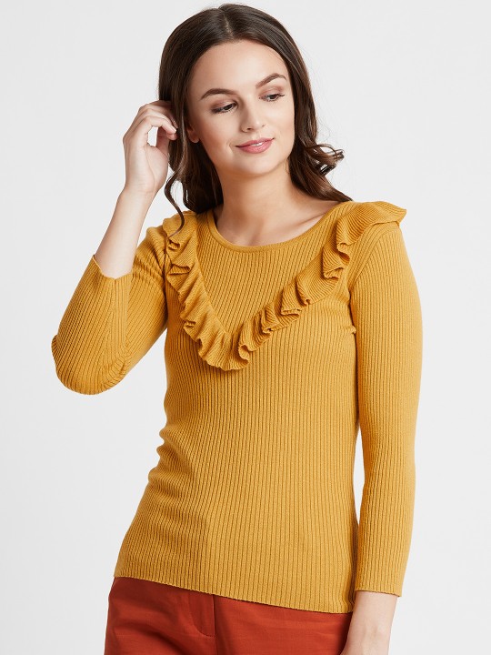 Women Mustard Yellow Solid Pullover XS