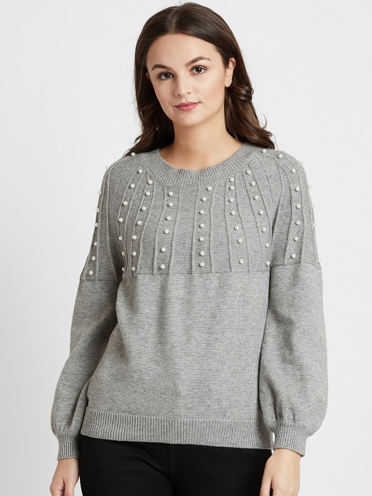 Women Grey Self Design Sweater XS