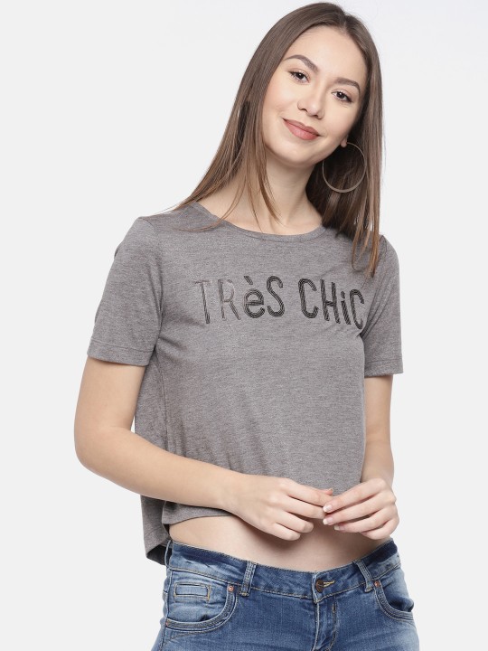 Women Grey Embellished Crop Top XS