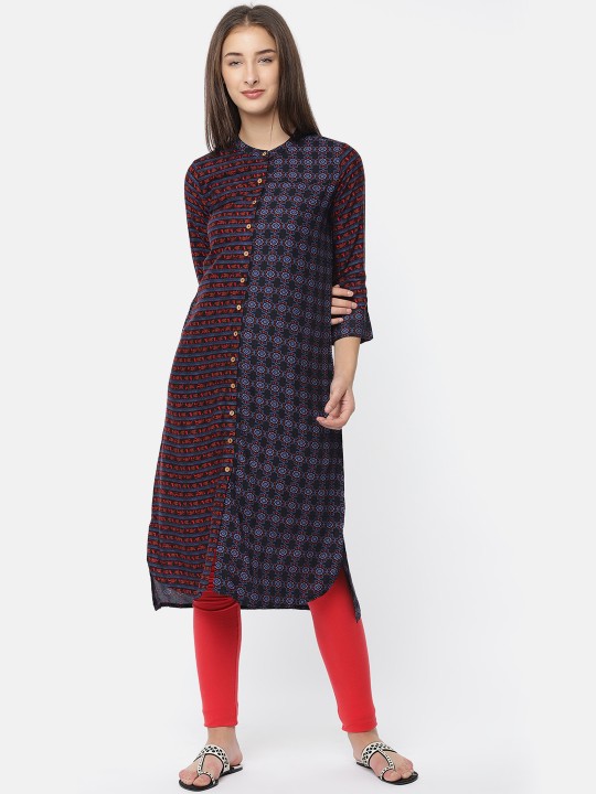 Women Navy Blue Printed Straight Kurta S