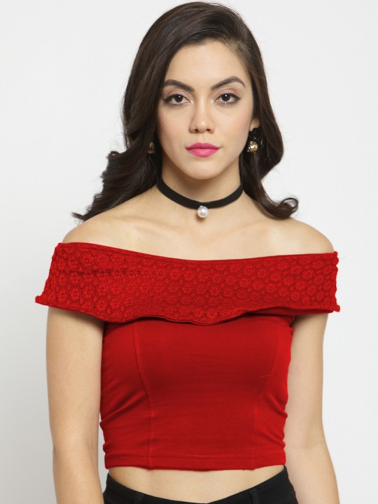 Women Red Solid Bardot Crop Top with Lace