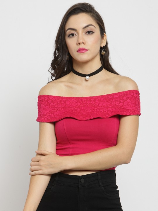 Women Pink Solid Bardot Crop Top with Lace