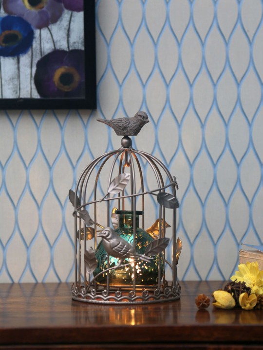 Grey Bird Cage Shaped Candle Holder