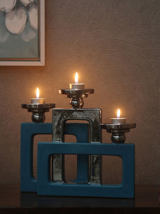 Blue & Silver-Toned Set of 3 Candle Holders