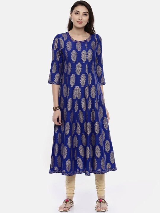 Women Blue & Golden-Coloured Printed A-Line Kurta S