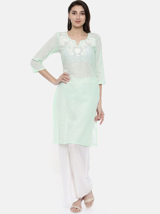 Women Sea Green Embroidered Straight Kurta S