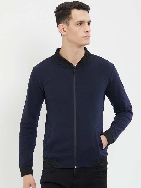 Men Navy Blue Solid Lightweight Bomber S