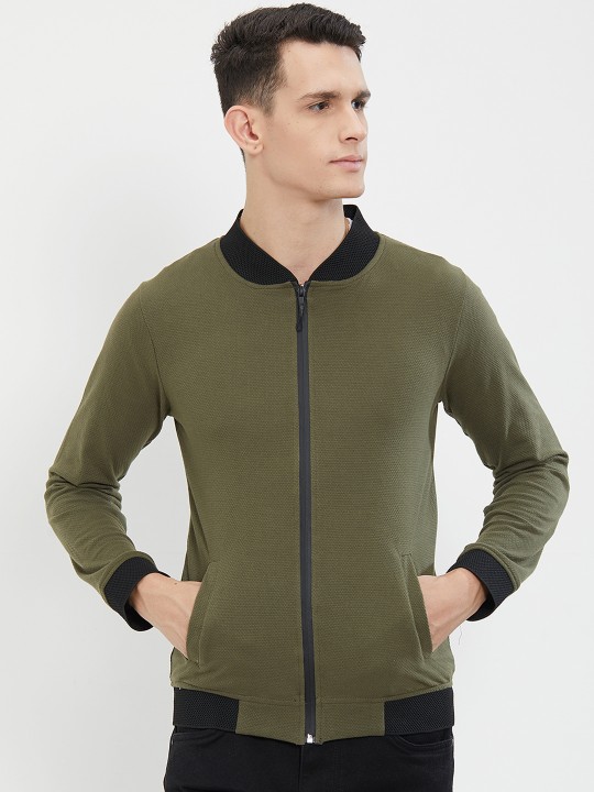 Men Olive Green Solid Lightweight Bomber S