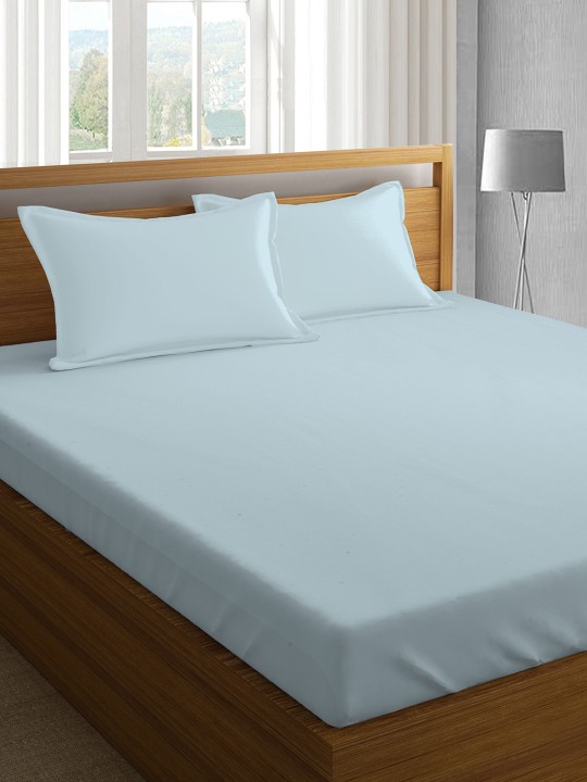 Blue Solid Fitted 400 TC Cotton 1 Queen Bedsheet with 2 Pillow Covers