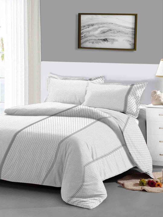 White Geometric Flat 200 TC Cotton 1 Queen Bedsheet with 2 Pillow Covers