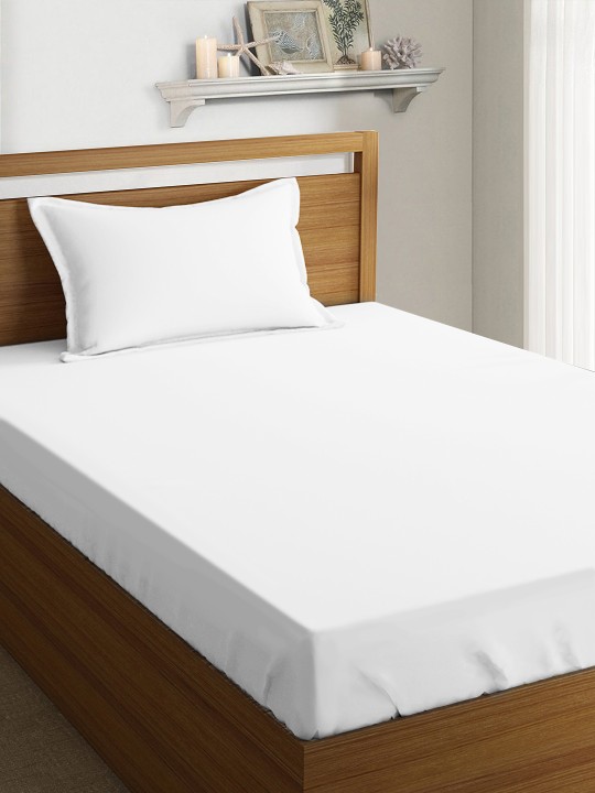 White Solid Fitted 400 TC Cotton 1 Single Bedsheet with 1 Pillow Covers