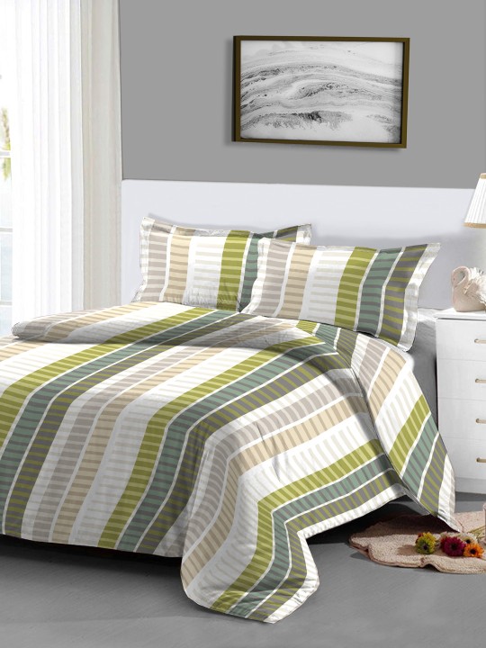 Multicoloured Geometric Flat 140 TC Cotton 1 Queen Bedsheet with 2 Pillow Covers