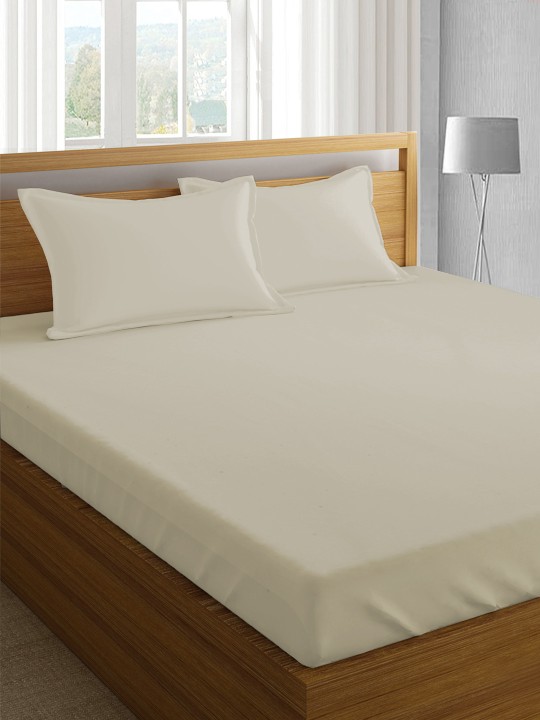 Beige Solid Fitted 400 TC Cotton 1 King Bedsheet with 2 Pillow Covers