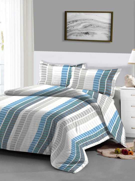 Multicoloured Geometric Flat 140 TC Cotton 1 Queen Bedsheet with 2 Pillow Covers