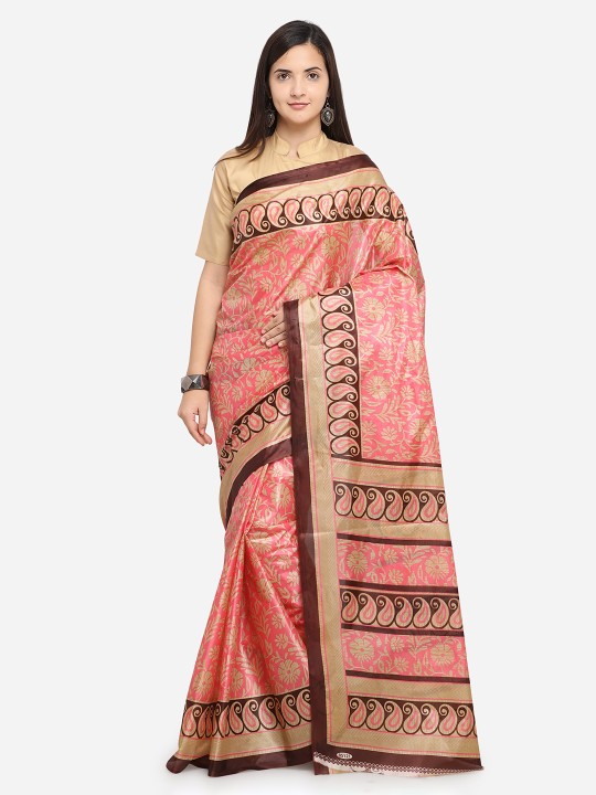 Peach-Coloured Printed Art Silk Saree