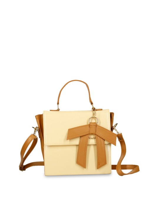 Cream-Coloured & Tan Colourblocked Satchel