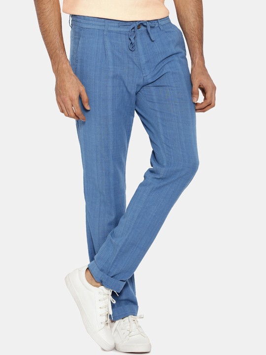 Men Blue Regular Fit Self Design Regular Trousers 30