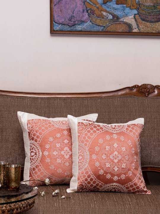 Peach-Coloured Set of 2 Ethnic Motifs Square Cushion Covers