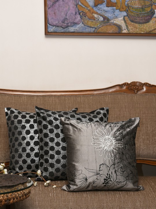 Set of 3 Floral Square Silk Cushion Covers