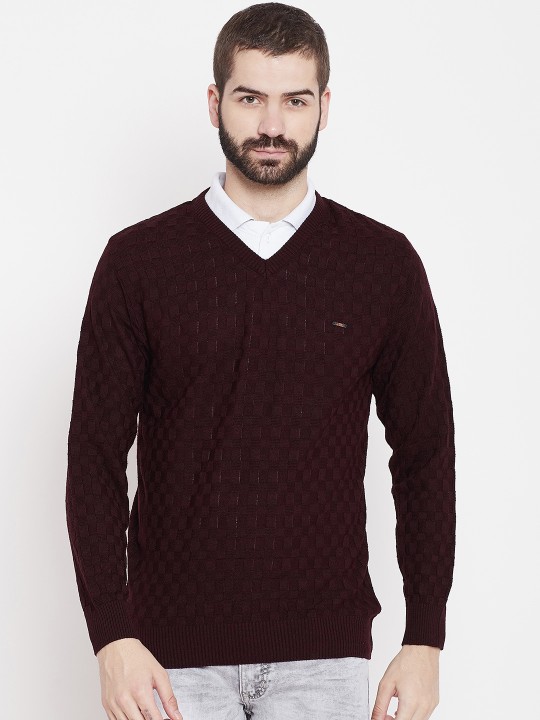 Men Burgundy Self Checked Pullover M
