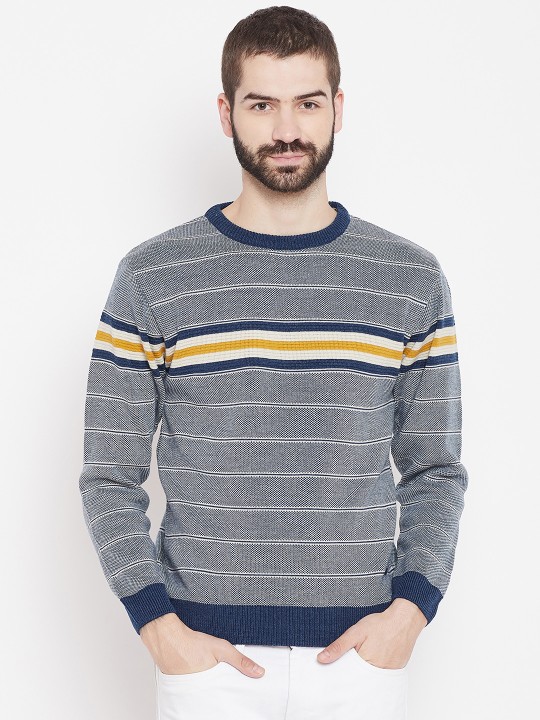 Men Navy Blue & White Self Striped Pullover M