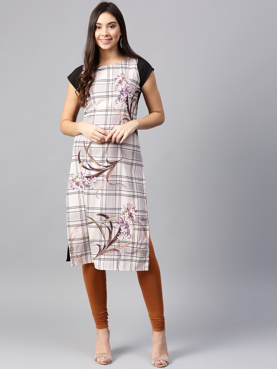 Women Beige & Black Checked Straight Kurta with Printed Detail S