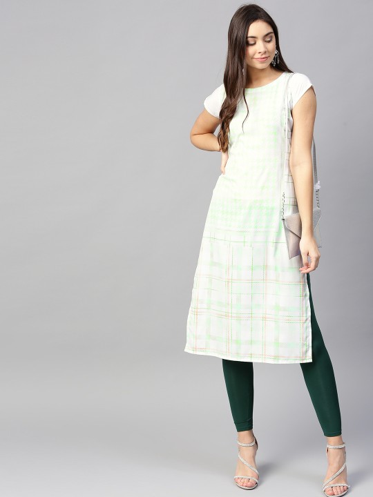 Women White & Green Checked Straight Kurta S
