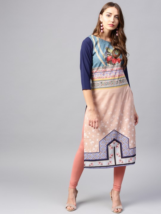 Women Beige & Blue Printed Straight Kurta S