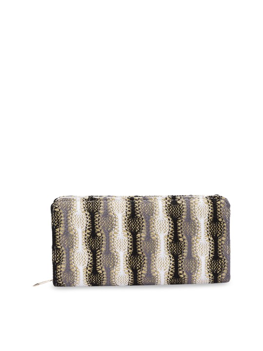 Women Black & Beige Self Design Zip Around Wallet