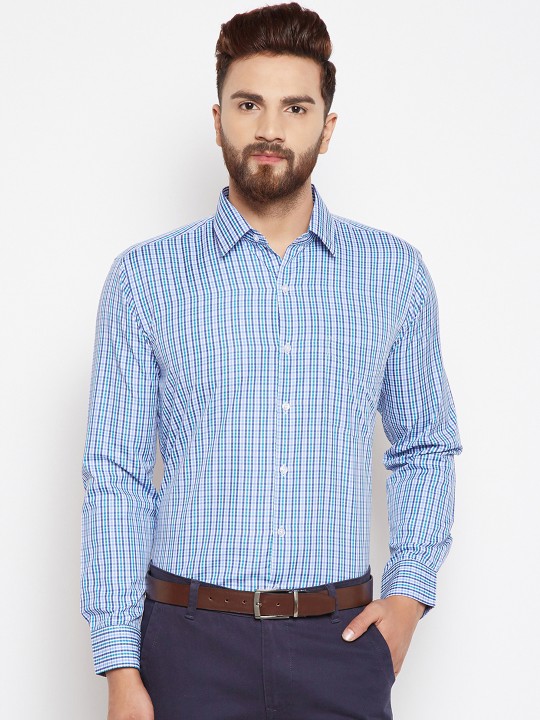 Men Blue & White Slim Fit Checked Formal Shirt 38