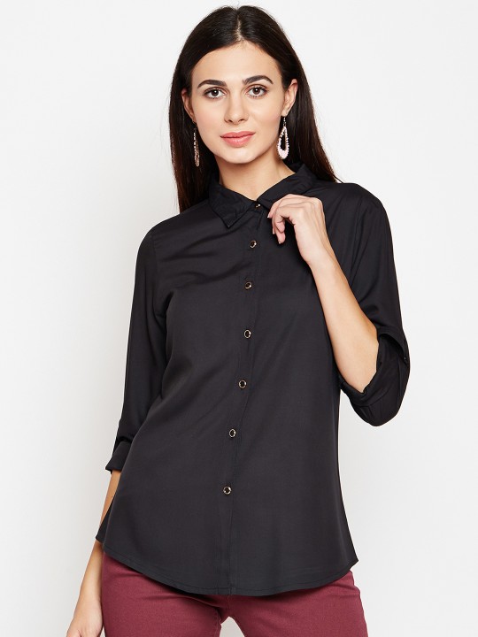 Women Black Comfort Regular Fit Solid Casual Shirt S