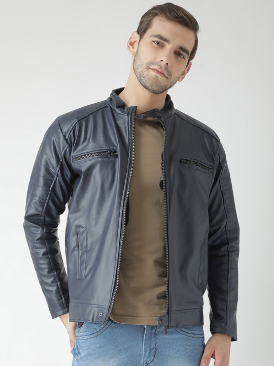 Buy Men Navy Blue Solid Biker Jacket L Online at desertcartSeychelles