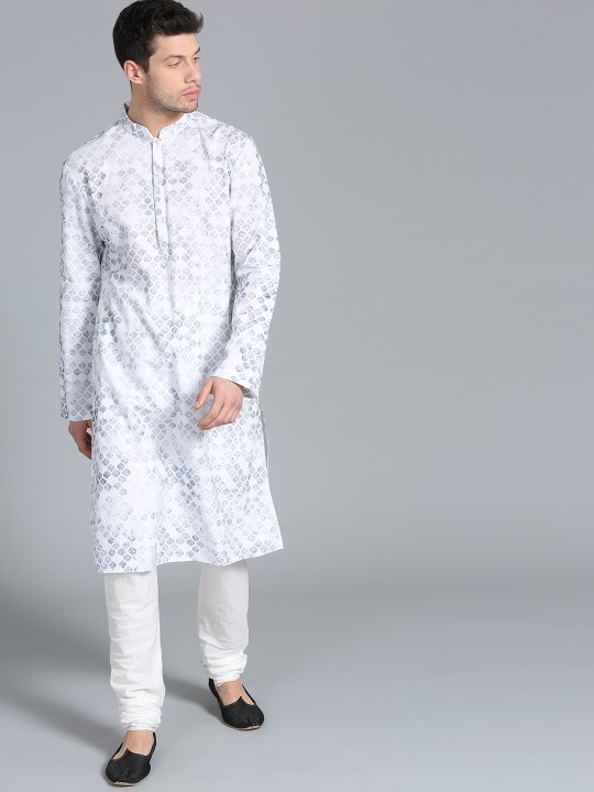 Men White & Teal Blue Printed Kurta with Pyjamas S