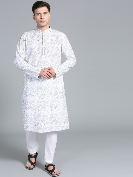 Men White Printed Kurta with Pyjamas S
