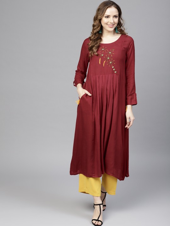 Women Maroon Solid A-Line Kurta S
