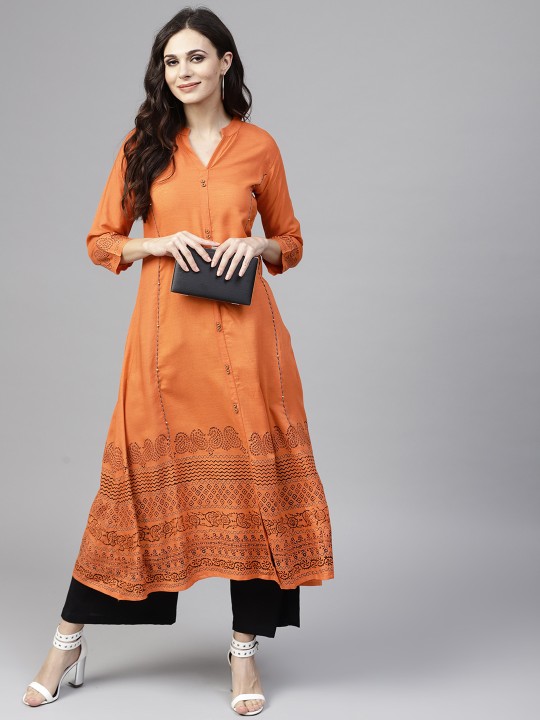 Women Orange Printed A-Line Kurta S