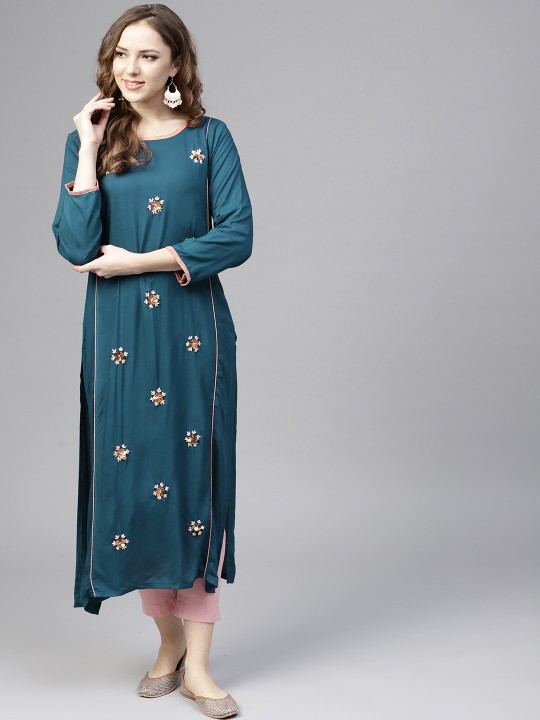 Women Teal Blue Embroidered Straight Kurta S