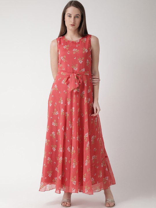 Women Coral Pink Printed Maxi Dress S