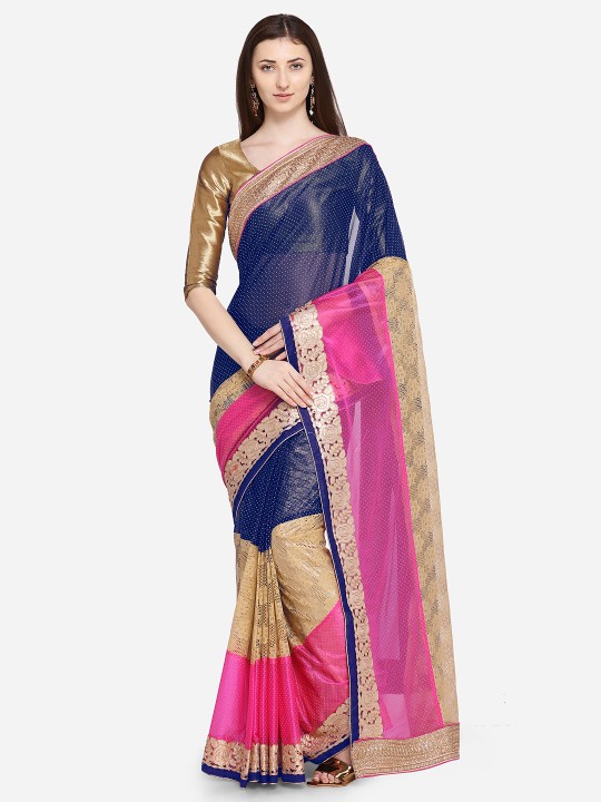 Blue & Pink Poly Silk Embellished Saree