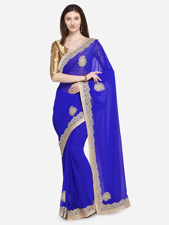 Blue Embellished Poly Georgette Saree
