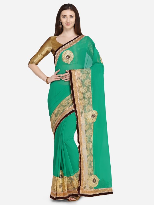 Green Embellished Poly Georgette Saree